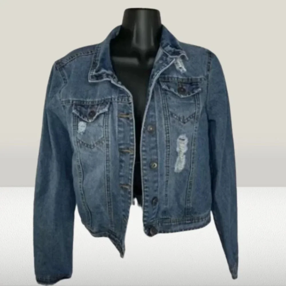 Highway‎ Jeans Women's Blue Distressed Button-Down Denim Jacket Size M Pre-Owned - Picture 2 of 16